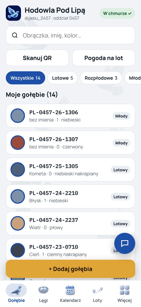 Lista gołębi w aplikacji